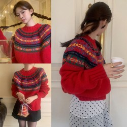 Autumn Winter Retro Round Neck Colorful Jacquard Christmas Atmosphere Thick Pullover Sweater