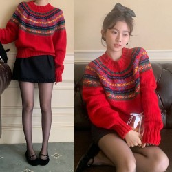 Autumn Winter Retro Round Neck Colorful Jacquard Christmas Atmosphere Thick Pullover Sweater