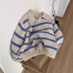 Blue Striped Polo Lapel Long Sleeve Soft Glutinous Sweater