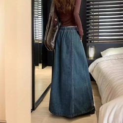 Elastic Waist Drawstring Dark Blue Denim Skirt For Women