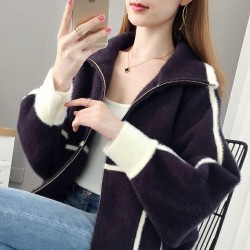 Lapel Zipper Wool Cardigan Coat For Women