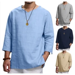 Loose Casual V-neck Top Cotton And Linen Long Sleeve Pullover Shirt Mens Clothing