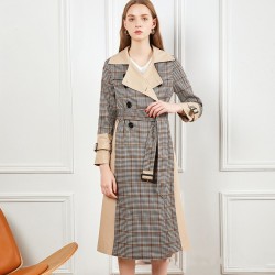 Checked Stitching Lace-up Waist Long Trench Coat