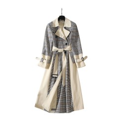 Checked Stitching Lace-up Waist Long Trench Coat