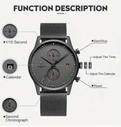 New CHEETAH Brand Fashion Casual Men Watches Chronograph Quartz Stainless Steel Mesh Waterproof Sports Clock with Auto Date