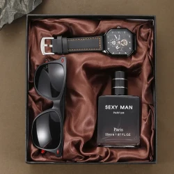 Men's three-piece quartz watch gift box set + eyes + perfume, light luxury and fashionable high-end business, suitable for gifts, birthday gifts, and daily wear