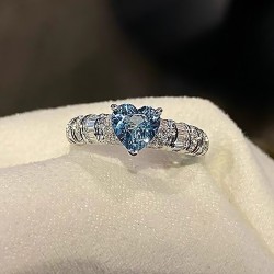 High Carbon Diamond Artificial Heart Shape Aquamarine Ring