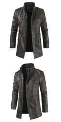 Men's Mid-length Fleece-lined Casual Stand Collar Leather Wind Coat