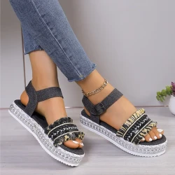 Fashion Tassel Denim Sandals With Thick-soled Flat Heel For Women