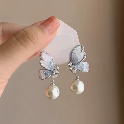 Gradient Butterfly Pearl Earrings With Rhinestones For Women