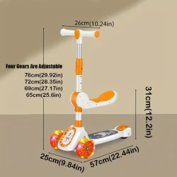 Scooter, Siteable Skateboard, Illuminated Wheels And 3 Adjustable Height Handlebars, Tilting Steering And Widened Non-Slip Deck, 3-Wheel