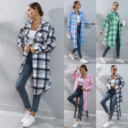 Autumn And Winter Plaid Single-breasted Long Trench Coat