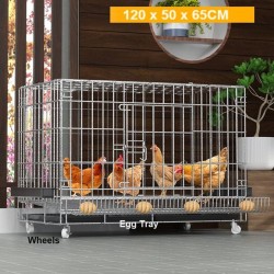 Chicken Coop 120CM Durable Collapsible Metal Cage Egg Tray with Wheels & Cover