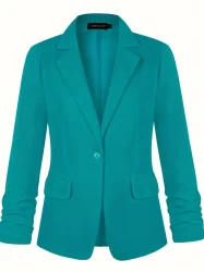 Solid Single Breasted Lapel Blazer, Elegant Ruched Sleeve Outwear For Office & Work