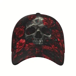 Skeleton on Red Flowers Print Baseball Cap