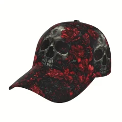 Skeleton on Red Flowers Print Baseball Cap