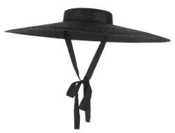 GEMVIE Black Wide Brim Flat Top Straw Hat Summer Hats For Women Ribbon Beach Boater Fashionable Sun Hat With Chin Strap