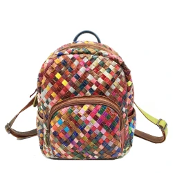 Women's Stitching Color Cowhide Hand-woven Backpack