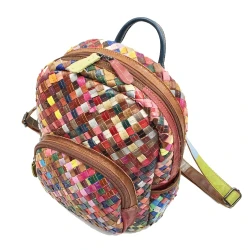 Women's Stitching Color Cowhide Hand-woven Backpack