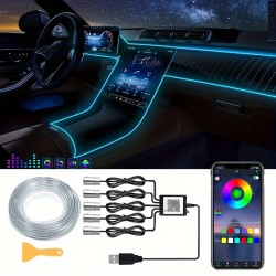 5V RGB 5-in-1 Ambient Car LED Strip Lights Kit - Music Sync, USB Powered, Color-Changing, Waterproof, Flexible, and Dimmable Interior Lighting Accessories for Motor Vehicles