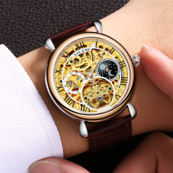 Gold Hollow Movement Men's Fashion Automatic Mechanical Watch Leather Business Men's Watch