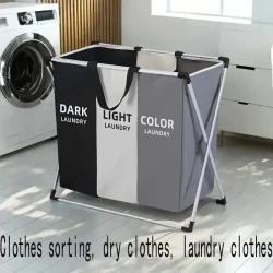 Foldable Triple-Grid Laundry Basket in Grey - Durable Canvas with Dark