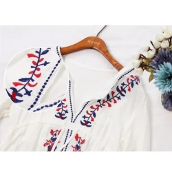 Bohemian White Embroidered Long Sleeve Beach Cover-Up Dress