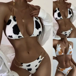 Women's Cow Print Bikini Set with Chain Straps - Push-Up Swimsuit Beachwear