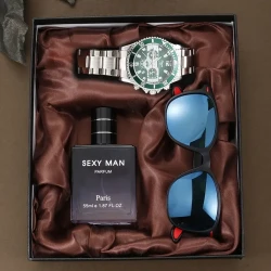 A Stylish Set Of 3pcs Men's New Gift Box, Including A Handsome Quartz Watch, Cool Sunglasses, And Fashionable Perfume, Perfect For Gifting On Holidays.