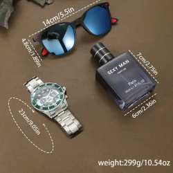 A Stylish Set Of 3pcs Men's New Gift Box, Including A Handsome Quartz Watch, Cool Sunglasses, And Fashionable Perfume, Perfect For Gifting On Holidays.