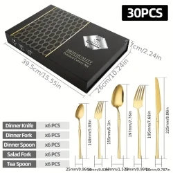 30pcs Golden Stainless Steel Cutlery Set - Includes Forks, Knives & Spoons - Dishwasher Safe, Durable Tableware for Home & Restaurant Use