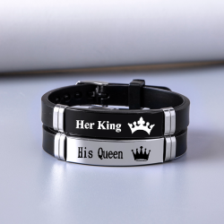 Crown Her King His Queen Stainless Steel Silicone Couple Bracelet Bangle