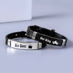 Crown Her King His Queen Stainless Steel Silicone Couple Bracelet Bangle