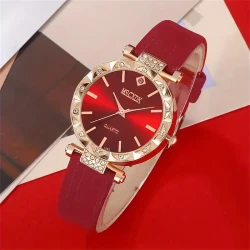 5pcs Ladies' Quartz Watch Red Leather Strap