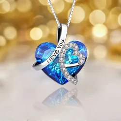 925 Sterling Silver "I Love You Forever" Heart-shaped Pendant Necklace With Blue Artificial Crystal