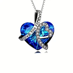 925 Sterling Silver "I Love You Forever" Heart-shaped Pendant Necklace With Blue Artificial Crystal