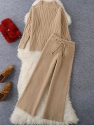 Fall Winter Knitted 2-Piece Set - Half Turtleneck Sweater & Wide Leg Pants Suit