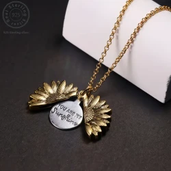 925 Sterling Silver Sunflower Box Pendant Necklace - Engraved 'You Are My Sunshine"