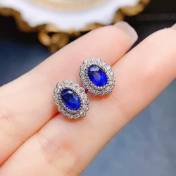 Natural Sapphire Stud Earrings S925 Silver Inlaid Main Stone