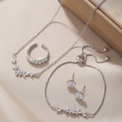 Simple Elegant Zircon Inlaid Jewelry Set Silver Flower Necklace Exquisite Earrings Bracelet Ring Suitable For Women's Daily Holiday Wear