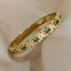 Vintage Inlay Green Zircon Rectangle Stainless Steel Bangles