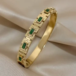 Vintage Inlay Green Zircon Rectangle Stainless Steel Bangles