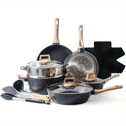 17-Piece Nonstick Cookware Set - Aluminum Kitchen Pots and Pans with Granite Coating, Frying Pans, Sauce Pans, Steamer, and Silicone Utensils