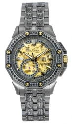 Bulova Octava Crystal Accents Stainless Steel Skeleton Gold Dial Automatic 98A293 Men's Watch