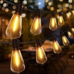 50FT Outdoor String Lights – LED Garden String Lights with Shatterproof ST38 Solar Retro Bulbs, Waterproof, Exterior Pendant Lights for Porch, Backyard, Cafe, Balcony, Bistro