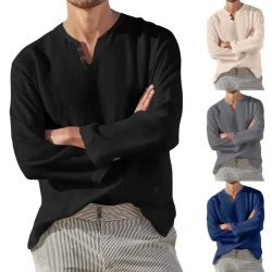 Cotton Linen Men's Long Sleeve V-neck Men's Clothing