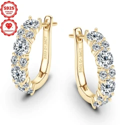 1 Pair Elegant 925 Sterling Silver Hoop Earrings with 4mm*8pcs & 2mm*12pcs Synthetic Moissanite Stones