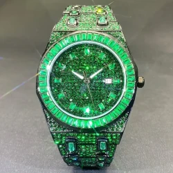 Unique Men's Square Watch - Vibrant Green Rhinestone Accents, Edgy Hip Hop Inspired Design