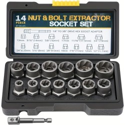 15pcs Nut Extractor Set, 13pcs Bolt and Nut Remover Kit, 1pc Iron Bar, 1pc 1/4'' to 3/8'' Drive Hexagonal Socket Adapter