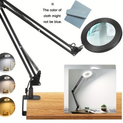 Versatile Large 10X Magnifying Glass With Light, 5-Inch Real Glass Stand Lighted Magnifier, 3 Color Modes Stepless Dimmable LED Magnifying Desk Lamp With Clamp, Hands-Free For Close Work Crafts Hobby